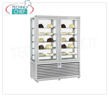 Refrigerated Pastry Showcase 2 Doors, 4 display sides, 10 rectangular shelves, Curve Line 2-door refrigerated display case for Pastry, CURVE Line, with 4 display sides, 10 rectangular glass shelves, capacity 848 liters, operating temperature + 4 ° / + 10 ° C, ventilated refrigeration, V.230 / 1, Kw. 0,54 + 0,54, Weight 301 Kg, dim.mm.1380x620x1860h