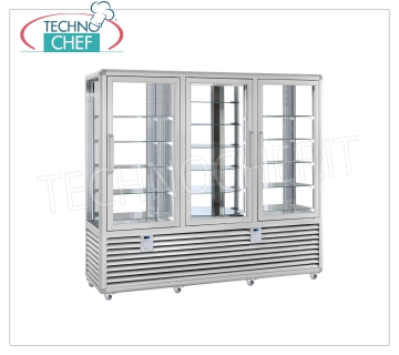 Refrigerated Pastry Showcase 3 Doors, 4 display sides, 10 rectangular shelves + 6 rotating shelves 3-door refrigerated display case for Pastry, CURVE Line, 4 display sides, 10 rectangular shelves + 6 rotating shelves, capacity lt. 1388, temperature + 4 ° / + 10 ° C, ventilated refrigeration, V.230 / 1, Kw.0, 54 + 0.54 + 0.54, Weight 370 Kg, dim.mm.2050x620x1860h