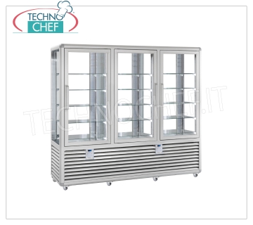 Refrigerated Pastry Showcase 3 Doors, 4 display sides, 15 rectangular shelves, CURVE Line 3-door refrigerated display case for Pastry, CURVE Line, with 4 display sides, 15 rectangular glass shelves, capacity lt. 1388, temperature + 4 ° / + 10 ° C, ventilated refrigeration, V.230 / 1, Kw.0.54 + 0.54 + 0.54, Weight 370 Kg, dim.mm.2050x620x1860h