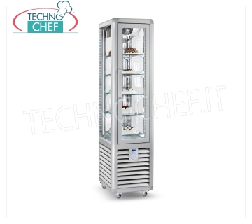 Refrigerated Pastry Showcase 1 Door, 4 display sides, 5 rectangular shelves, CURVE Line 1-door refrigerated display case for Pastry, CURVE Line, with 4 display sides, 5 rectangular glass shelves, capacity 230 liters, operating temperature + 4 ° / + 10 ° C, ventilated refrigeration, V.230 / 1, Kw. 0,54, Weight 125 Kg, dim.mm.450x620x1860h