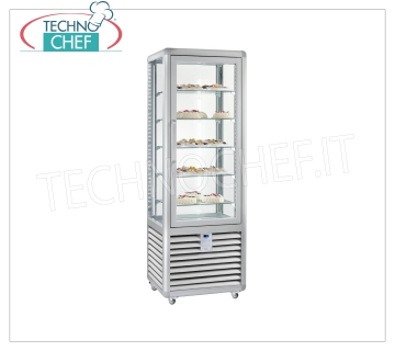 Refrigerated Pastry Showcase 1 Door, 4 display sides, 5 rectangular shelves, CURVE Line 1-door refrigerated display case for Pastry, CURVE Line, with 4 display sides, 5 rectangular glass shelves, capacity lt. 360, operating temperature + 4 ° / + 10 ° C, ventilated refrigeration, V.230 / 1, Kw. 0,54, Weight 155 Kg, dim.mm.620x620x1860h