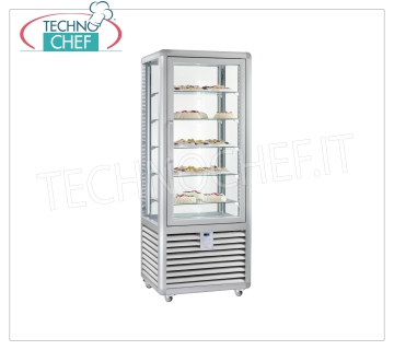 Refrigerated Pastry Showcase 1 Door, 4 display sides, 5 rectangular shelves, CURVE Line 1-door refrigerated display case for Pastry, CURVE Line, with 4 display sides, 5 rectangular glass shelves, capacity lt. 427, operating temperature + 4 ° / + 10 ° C, ventilated refrigeration, V.230 / 1, Kw. 0,54, Weight 170 Kg, dim.mm.720x620x1860h