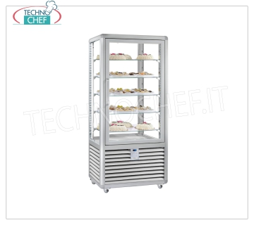 Refrigerated Pastry Showcase 1 Door, 4 display sides, 5 rectangular shelves, CURVE Line 1-door refrigerated display case for Pastry, CURVE Line, with 4 display sides, 5 rectangular glass shelves, capacity 541 l, operating temperature + 4 ° / + 10 ° C, ventilated refrigeration, V.230 / 1, Kw. 0,54, Weight 176 Kg, dim.mm.900x620x1860h