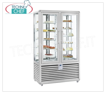 Refrigerated Pastry Showcase 2 Doors, 4 display sides, 5 rectangular shelves + 6 rotating shelves 2-door refrigerated display case for Pastry, CURVE Line, with 4 display sides, 5 rectangular shelves + 6 rotating shelves, capacity 742 liters, temperature + 4 ° / + 10 ° C, ventilated refrigeration, V.230 / 1, Kw.0 , 54 + 0.54, Weight 294 Kg, dim.mm.1180x620x1860h