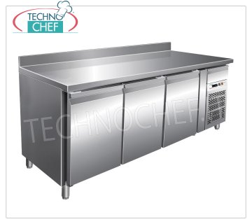 Forcar-Table Fridge 3 Doors with Backsplash, Temp.-2°/+8°C, lt.339, Ventilated, Class B, G-SNACK3200TN 3 DOOR Refrigerated Counter Table with upstand and neutral drawer, Professional, SNACK Line, temp.-2°/+8°C, capacity 339 litres, ventilated refrigeration, ECOLOGICAL in Class B, Gas R290, V.230/1, Kw. 0.26, weight 136 kg, dim.mm.1795x600x860/960h