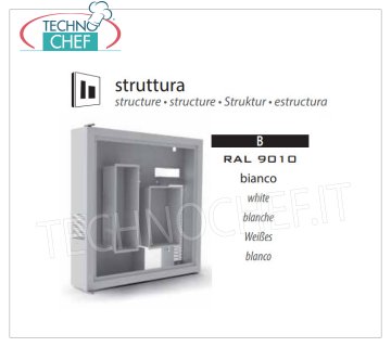 White RAL 9010 structure Structure in matt white RAL 9010, capacity 1 Bottle and 2 Glasses, Temp. + 4 ° / + 10 ° C, natural white LED light, Kw.0,03, Weight 22 Kg, dim.mm.600x600x155h.