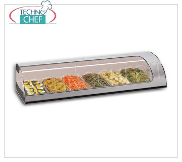 Technochef - COUNTER HEATED DISPLAY CABINET with CURVED GLASS, Temp. + 30 ° / + 60 ° C Hot counter display for 4 Gastronorm 1/3 containers, bain-marie heating, temperature + 30 ° / + 60 ° C, V.230 / 1, Kw.0.6, Weight 14 Kg, dim.mm.820x380x255h
