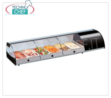 Technochef - COUNTER REFRIGERATED DISPLAY CABINET, capacity from 4 to 10 GN 1/3 containers Refrigerated counter display case with curved glass, capacity 4 Gastro-Norm 1/3 containers, temperature + 3 ° / + 5 ° C, V.230 / 1, Kw. 0.262, Weight 30 Kg, dim.mm.1085x380x255h