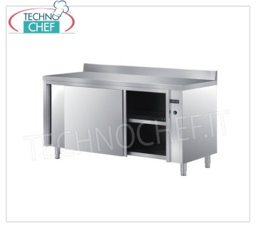 TECHNOCHEF - Hot cupboard in 304 stainless steel, with sliding doors and upstand, 60 cm deep Hot cupboard in 304 stainless steel, electric ventilated with upstand, 2 sliding honeycomb doors and adjustable intermediate shelf, digital thermostat, V 230/1, Kw 2.5, dimensions 1200x600x850h mm
