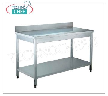 304 stainless steel tables, on legs with lower shelf and upstand, depth 600 mm Work table on legs with lower shelf and upstand, dim. mm 400x600x850h