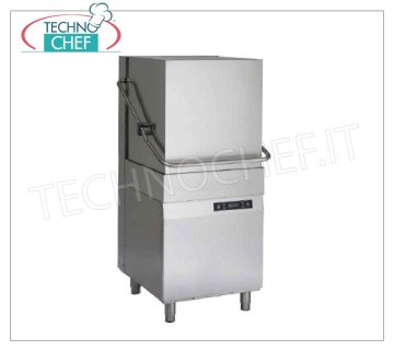 Hood dishwasher, electronic controls, max 40 baskets / hour HOOD DISHWASHER, max output 40/30/20 baskets / h, electronic controls, 3 cycles of 90-120-180 sec + continuous cycle, square basket 500x500 mm, 0.75 Kw washing pump, double rinse aid dispenser, V.400 / 3 + N, Kw.6,75, Weight 110 Kg, dim.mm.760x864x1485h