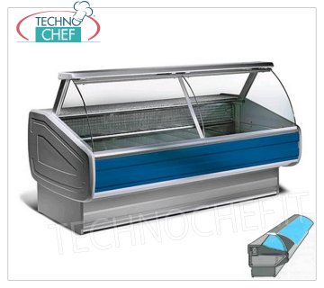 EXHIBITION COUNTER, DEEP TOP 80 cm, CURVED GLASS opening UPWARDS, Temp. 0 ° / + 2 ° Refrigerated display counter for MEAT or GASTRONOMY, ventilated, temp. 0 ° / + 2 ° C, version with CURVED GLASSES that open UPWARDS, 80 cm deep display surface, complete with refrigerated reserve, V.230 / 1, Kw.0,373 , Weight 185 Kg, dim.mm.1500x1060x1270h