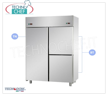 Professional Combined Fridge-Freezer Cabinet 1 door + 2 1/2 doors, 2 temperatures, lt. 1400, TECNODOM Combined Refrigerator / Freezer Cabinet 1 door + 2 half doors, TECNODOM brand, stainless steel structure, lt. 1400, dual temperature 0 ° / + 10 ° C, -18 ° / -22 ° C, ventilated refrigeration, GN 2/1 , V.230 / 1, Kw.0,385 + 0,65, Weight 192 Kg, dim.mm.1420x800x2030h