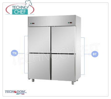 Professional Combined Fridge-Freezer Cabinet 4 1/2 doors, double temperature, lt.1400, TECNODOM brand Combined Refrigerator / Freezer Cabinet 4 half doors, TECNODOM brand, stainless steel structure, capacity lt. 1400, dual temperature 0 ° / + 10 ° C, -18 ° / -22 ° C, ventilated refrigeration, GN 2/1, V .230 / 1, Kw.0,385 + 0,65, Weight 195 Kg, dim.mm.1420x800x2030h