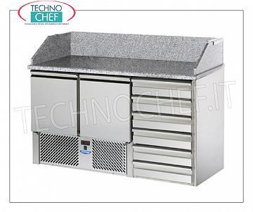 Refrigerated Pizza Counter, GN, 2 Doors, 6 Drawers, Granite Top, Ecological REFRIGERATED PIZZA COUNTER GN, 2 DOORS, CHEST OF DRAWERS with 6 drawers, Ventilated temp.+4°/+10°C, complete with refrigerating unit, granite top with splashback, V.230/1, Kw.0,28, weight 216 Kg, dim.mm.1410x700x1070h