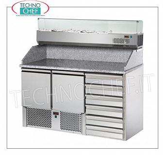 Refrigerated Pizza Counter, GN, 2 Doors 6 Drawers, Granite Top, 1/4 gn Ingredients Showcase, REFRIGERATED PIZZA COUNTER, GN, with 2 DOORS, DRAWER UNIT 6 Drawers, GRANITE top, Ventilated temp.+4°/+10°C, ECOLOGICAL, REFRIGERATED SHOWCASE GN 1/4, V.230/1, Kw.0,28 , weight 245 Kg, dim.mm.1410x700x1525h