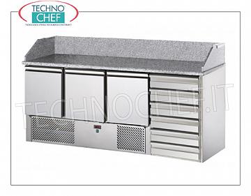 Refrigerated pizza counter, GN, 3 Doors, 6 Drawers, Granite Top with Upstand, Ecological GN REFRIGERATED PIZZA COUNTER, 3 DOORS, 6 DRAWER CHEST, GRANITE top, Ventilated temp. + 4 ° / + 10 ° C, ECOLOGICAL, V.230 / 1, Kw.0,3, weight 227 Kg, dim.mm. 1900x700x1070h