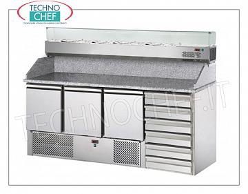 Refrigerated Pizza Counter 3 Doors, Granite Top, 6 Drawers and 1/4 or 1/3 GN Ingredients Showcase REFRIGERATED PIZZA COUNTER, with 3 DOORS, DRAWER with 6 Drawers, temp. + 4 ° / + 10 ° C, ECOLOGICAL ventilated, GRANITE top and REFRIGERATED SHOWCASE GN 1/4, V.230 / 1, Kw.0,3, weight 350 Kg, dim.mm.1900x700x1525h