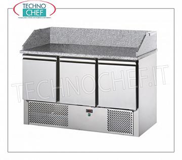 Complete pizza counters without drawers REFRIGERATED PIZZA COUNTER with 3 DOORS, temp.+4°/+10°C, complete with refrigeration unit, granite top with backsplash, V.230/1, Kw.0,3, weight 186 Kg, dim.mm.1410x700x1070h