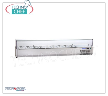 Pizza Ingredient Display Case, Refrigerated, 240 cm long, for 12 GN 1/4 pans, Brand TECNODOM Stainless steel horizontal refrigerated display case for pizza ingredients, version with straight glass, temp. 0 ° / + 10 ° C, capacity 12 Gastro-Norm 1/4 pans, V.230 / 1, Kw.0.36, dim.mm .2400x327x455h