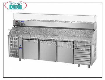 Refrigerated Pizza Counter 3 Doors, 6 Drawers, Granite Top and 1/3 or 1/4 GN Ingredients Showcase REFRIGERATED PIZZA COUNTER, 3 DOORS and DRAWER with 6 Drawers, Temp. -2 ° + 8 ° C, Ventilated, ECOLOGICAL, GRANITE top and REFRIGERATED SHOWCASE GN 1/4, V 230/1, kw 0.495, dim. mm 2420x750x1490h