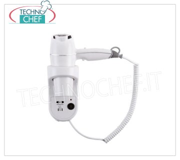 Technochef - WALL HAIR DRYER with RAZOR SOCKET - 1800W Wall hairdryer with razor socket, white ABS body, 3 speed adjustments, low noise, V.230 / 1, Watt 1800, dimensions 240x150x300h mm