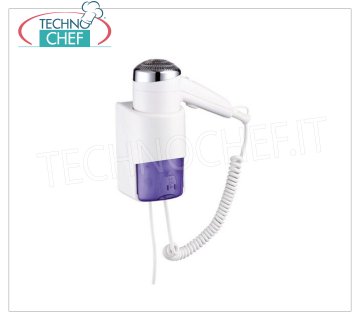 Technochef - WALL HAIR DRYER with RAZOR SOCKET - 1200W Wall hairdryer with razor socket, white ABS body, 2 speed adjustments, low noise, V.230 / 1, Watt. 1200, dimensions mm 220x115x230h