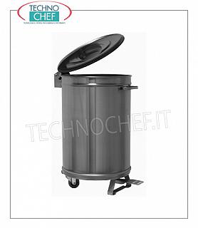 TECHNOCHEF - Stainless steel bins, Mod.09004A0 AISI 304 stainless steel bin on wheels, lid with pedal opening, capacity 50 liters, weight Kg.10, diam.mm 395x620h