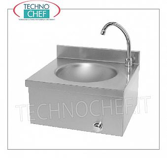 Stainless steel hand basin with knee control, for wall installation Stainless steel hand basin with upstand, wall-mounted, with 260 mm diameter tank, knee-operated dispenser with timer, weight 5.5 kg, dim.mm.400x350X260h