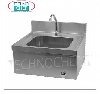 STAINLESS STEEL WASHBASINS with KNEE CONTROL, wall-mounted Wall-mounted stainless steel hand basin with upstand, bowl dim.mm 330x330x170h, knee-operated dispenser with timer, weight 9 Kg, dim.mm.500X500X310h