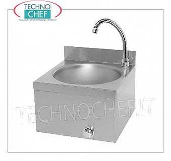 Stainless steel hand basin with knee control, for wall installation Stainless steel wall-mounted hand basin with upstand, 260 mm diameter bowl, knee-operated dispenser with timer, weight 4.9 kg, dim.310X300X260h