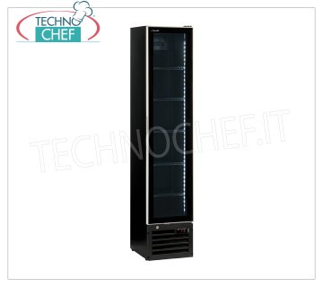 FRIDGE display case for DRINKS, 1 Door, Static, Temp. 0 ° / + 10 ° C, lt.160, mod THINCOOLERBLACK Professional Beverage-Beverage Refrigerator, 1 glass door, temp. 0 ° / + 10 ° C, capacity lt. 160, static with agitator, LED lighting, V.230 / 1, Kw.0.18, Weight 50 Kg, dim.mm.390x475x1880h
