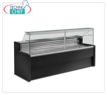Delicatessen cold counter, temp. +4°+6°C. , Static with reserve, fixed straight glass, 78 cm deep Gastronomy Refrigerator Counter, temp.+4°/+6°, Static with reserve, complete with black shoulders, condensation collection tray and black paneling, version with STRAIGHT GLASS, V. 230/1, Weight 151 kg, dim.cm. 100x79x122h