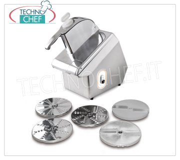 Professional Electric Vegetable Slicer + Disc Kit DF2-DTV-DT10-DQ04-DT07, TITANIUM Line Electric table top vegetable cutter with DF2-DTV-DT10-DQ04-DT07 disc kit, TITANIUM line, steel structure and fold-down and removable aluminum cover, production 200 Kg / h, V.230 / 1, Kw. 0.55, Weight 27 Kg, dim.mm.261x604x522h