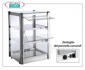 Hot counter display cases DISPLAY HOT DISPLAY counter, 3-STOREY, STAINLESS STEEL STRUCTURE, glass on 4 sides, Plexiglas drop-side doors operator side, complete with HUMIDIFIER, temperature from + 30 ° to + 90 ° C, suitable for GN 2/3 containers, V .230 / 1, Kw.0,5, dim.mm.370X370X540h
