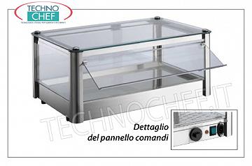 Hot counter display cases DISPLAY HOT DISPLAY, counter-top, 1-STAGE, STAINLESS STEEL, glass on 4 sides, Plexiglas drop-side doors operator side, complete with HUMIDIFIER, temperature from + 30 ° to + 90 ° C, suitable for GN 1/1 containers, V .230 / 1, Kw.0,5, dim.mm.570X370X240h