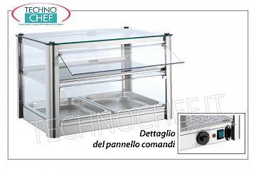 Hot counter display cases DISPLAY HOT DISPLAY bench, 2-STOREY, STAINLESS STEEL STRUCTURE, glass on 4 sides, Plexiglas drop-side doors operator side, complete with HUMIDIFIER, temperature from + 30 ° to + 90 ° C, suitable for GN 1/1, V .230 / 1, Kw.0,5, dim.mm.570X370X390h