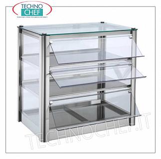 Neutral counter display counters STANDARD NEUTRAL WALLPAPER, 3 FLOORS, STAINLESS STEEL, 4-SIDED STONE, PORTABLE OPERATING PLEXIGLASS DOOR, suitable for Gastro-Norm 1/1, Weight Kg.17, dim.mm.570x370x540h