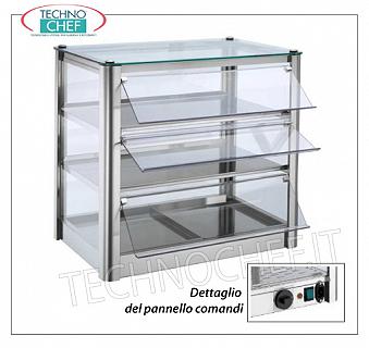 Hot counter display cases DISPLAY HOT DISPLAY bench, 3-STOREY, STAINLESS STEEL STRUCTURE, glass on 4 sides, Plexiglas drip ports operator side, complete with HUMIDIFIER, temperature from + 30 ° to + 90 ° C, suitable for GN 1/1, V .230 / 1, Kw.0,5, dim.mm.570X370X540h
