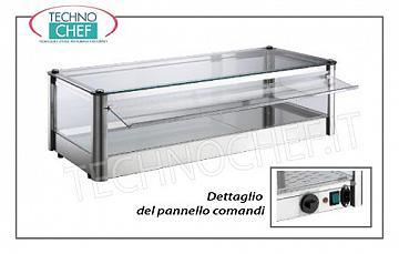 Hot counter display cases DISPLAY HOT DISPLAY, counter-top, 1-STAGE, STAINLESS STEEL, glass on 4 sides, Plexiglas drop-side doors operator side, complete with HUMIDIFIER, temperature from + 30 ° to + 90 ° C, suitable for GN 1/1 + 1 pans / 2, V.230 / 1, Kw.1.00, dim.mm.870X370X240h