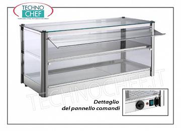 Hot counter display cases DISPLAY HOT DISPLAY counter, with 2 PLANS, STAINLESS STEEL STRUCTURE, glass on 4 sides, Plexiglas drop-side doors operator side, complete with HUMIDIFIER, temperature from + 30 ° to + 90 ° C, suitable for GN 1/1 + 1 pans / 2, V.230 / 1, Kw.1.00, dim.mm.870X370X390h