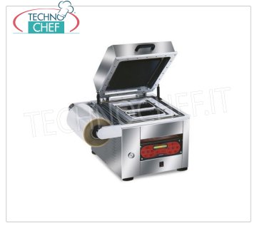 EUROMATIC - Technochef, Semiautomatic vacuum / gas traysealers for trays, Mod.TRAY 600 Vacuum / gas thermosealer, for PREFORMED TRAYS, AUTOMATIC BENCH with DIGITAL CONTROLS, for CONTAINERS MAX MEASURES of 265x325 mm, V 230/1, Kw 1,8, Weight 120 Kg, external dimensions mm 610x600x560h