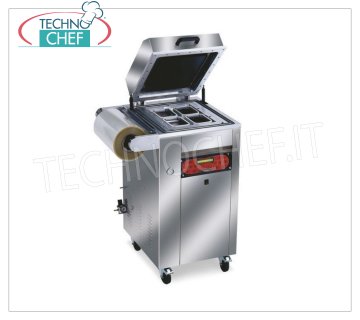 EUROMATIC - Technochef, Semiautomatic vacuum / gas traysealers for trays, Mod.TRAY 800 Vacuum / gas heat sealer, for PREFORMED TRAYS, AUTOMATIC on WHEELED FURNITURE, digital controls, for CONTAINERS MAX MEASURES of 265x325 mm, V 230/1, Kw 1.8, Weight 180 Kg, external dimensions mm 610x600x1100h