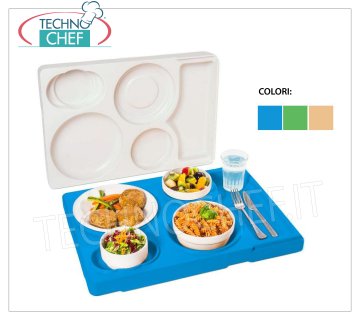 Isothermal tray for dishes in melamine, differentiated temperature Isothermal tray for transporting a single meal at differentiated temperatures, 4 compartments for housing plates in melanin, blue color, weight 3 Kg, dim.mm.530x370x105h