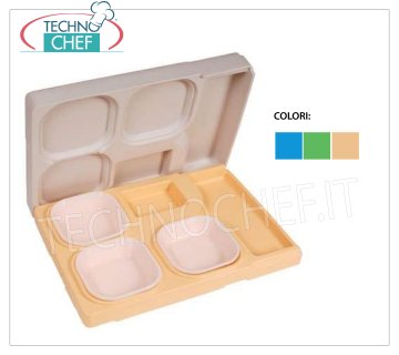 SINGLE-MAST Isothermal Tray for Disposable trays at differentiated temperatures SINGLE-MAST isothermal tray for transporting single meal at differentiated temperatures, 4 compartments for housing disposable trays, orange color, weight 3.3 Kg, dim.mm.530x370x105h