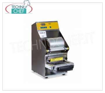 TECHNOCHEF - Semi-automatic thermosealer for trays, Mod.TSS101-R SEMIAUTOMATIC THERMOSEALING MACHINE WITHOUT MOLD, for PREFORMED TRAYS with MAXIMUM SIZE of mm 205x150x100h, V.230/1, kw 0,55, dimensions mm 240x390x500h