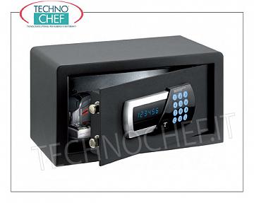 Safes for hotel rooms Safe for furniture, with motorized digital electric lock, signaling of all functions via blue LED display, capacity 10 litres, weight 9 kg, dim.mm.200x350x200h