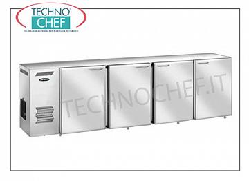 4-door bar fridge, Ventilated, Temp. + 2 ° + 8 ° - in Stainless Steel. 274 cm long Refrigerated counter for bars, 4 blind doors in stainless steel, ventilated, temp. + 2 ° + 8 °, V 230/1, kW 4.23, dim. mm 2740x540x850h.