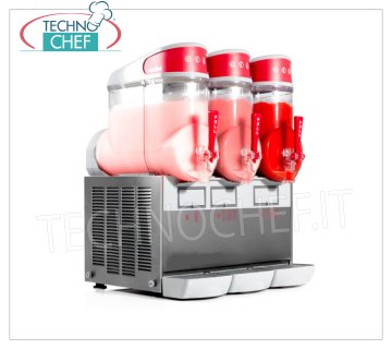 Slush machine, ice cream maker and cold creams with 3 10 liter tanks, Mod.MT3 Sorbetteria/Tabletop slush machine with 3 tanks of 10 liters in unbreakable non-toxic polycarbonate, body in stainless steel, air-cooled condenser, V.230/1, Kw.1,3, Weight 49 Kg, dim.mm.540x470x690h