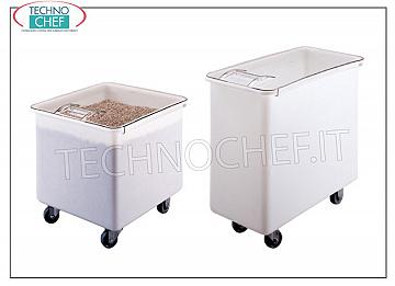 Wheeled hoppers for flour and sugar TROLLEY-MOUNTED WHITE POLYETHYLENE HOPPER, 121 liters capacity, ROUNDED CORNERS, complete with TRANSPARENT POLYCARBONATE SLIDING LID, dimensions 560x610x585h mm